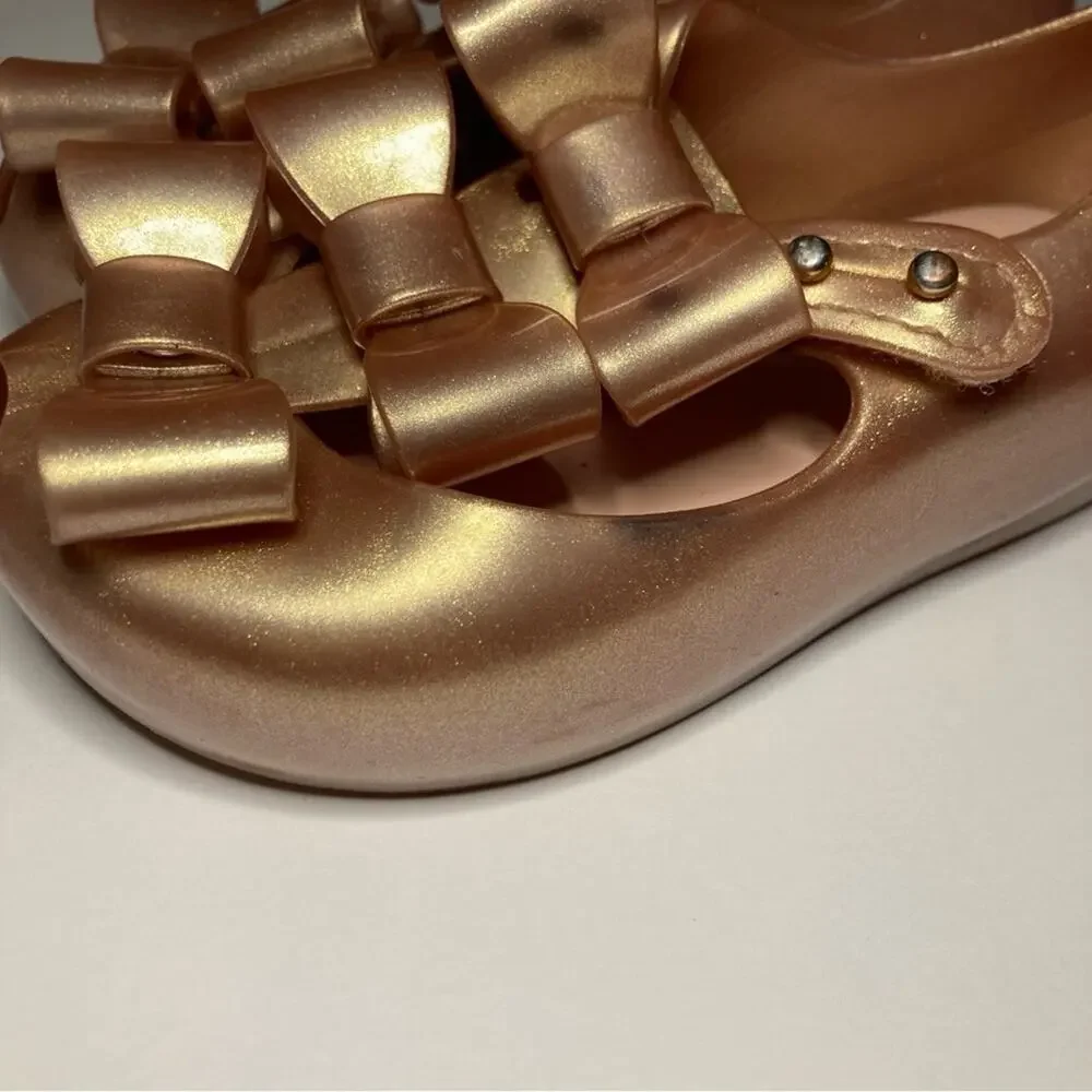 Mini Melissa Ultragirl Triple Bow Rose Gold Glitter Sparkly Dress Flats Shoes 7